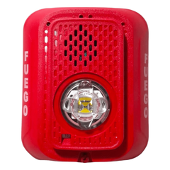 Sirena con lámpara estroboscópica LED de 2 hilos para pared, candela seleccionable, marcaje en español FUEGO, compatible con SpectrAlert