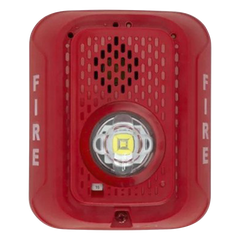 Sirena con estrobo LED de 2 hilos para pared, 24 Vcd, candela seleccionable hasta 185 cd, puntos de prueba DVM, color rojo