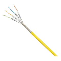Bobina de Cable Blindado S/FTP Categoría 6A, Uso Industrial con Resistencia al Aceite, Rayos UV y Abrasión, Multifilar (Flexible), Color Amarillo, Bobina de 500 Metros (1640 Pies)