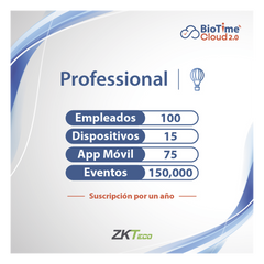 LICENCIA PROFESSIONAL BIOTIME CLOUD 2.0 / 100 USUARIOS / 15 DISPOSITIVOS (Licencia Anual)