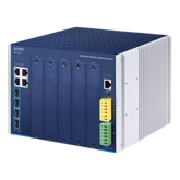 Switch Modular Industrial Capa 3 / 5 Slots / 4 Puertos Gigabit RJ45 / 4 Puertos SFP+ 10G / Rango de Temperatura -40~75°C / Entrada de Potencia Redundante 12-48V / Soporte IPv6/IPv4