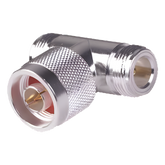 Adaptador en T, de Conector N Macho a Doble N Hembra, Plata/ Oro/ Teflón.