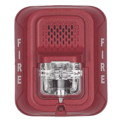 Sirena con lámpara estroboscópica de 4 hilos para pared, 12 o 24 Vcd, candela seleccionable hasta 185 cd, texto FIRE, color rojo