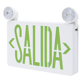 Letrero de Emergencia LED DUAL / Luz de Salida y Emergencia Integrada / Montaje Universal Pared-Lateral-Techo / Doble Voltaje 120-277 VAC / Batería 6V 4.5Ah / 3W Bajo Consumo
