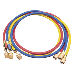 Juego de Mangueras de Refrigerante MM360 / 3 Mangueras 150 cm con Válvulas de Cierre / Presión Trabajo 55 bar (800 psi) / Presión Ruptura 276 bar (4000 psi) / Conexiones 1/4 SAE Hembra y Macho / Identificación por Color Rojo-Az