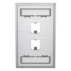 Placa de Pared Vertical, de Acero Inoxidable, Salida Para 2 Puertos Mini-Com, Con Espacios Para Etiquetas