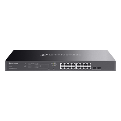 Switch Smart Omada 18 Puertos Gigabit / 16 Puertos PoE+ 802.3af/at / 2 Ranuras SFP Gigabit / Presupuesto PoE 150 W / Switching 36 Gbps / Enrutamiento Estático L2+ / Gestión Cloud SDN / Fanless / Montable en Rack