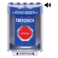 Botón Multipropósito, Color Azul, De Superficie con Espaciador, C/Tapa De Policarbonato, C/Bocina Pre Alarma, Interior/Exterior, Llave Para Restablecer, Texto De Emergencia, Español