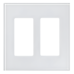 Placa frontal de cristal de 2 espacios para atenuadores, teclados y controles Pico Lutron con apertura tipo Designer, sin tornillos visibles, cristal claro con pintura blanca