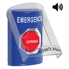 Botón Multipropósito, Color Azul, De Superficie, Con Tapa De Policarbonato, Con Bocina, Para Interior, Girar Para Restablecer, Texto De Emergencia, Español