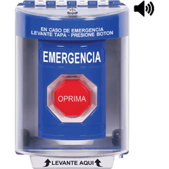 Botón Multipropósito, Color Azul, De Superficie con Espaciador, C/Tapa De Policarbonato, C/Bocina Pre Alarma, Interior/Exterior, Llave Para Restablecer, Texto De Emergencia, Español