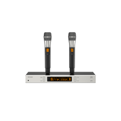 Sistema de Micrófono Inalámbrico UHF / 2 Canales / 2 Micrófonos de Mano / Frecuencia 821-942 MHz / Distancia 100 m / Salida Balanceada y No Balanceada / Sincronización Infrarroja / Recepción True Diversity