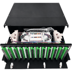 Distribuidor de Fibra Óptica (ODF) para 144 Empalmes, con 144 Acopladores SC/APC y 144 Pigtails SC/APC, para Rack de 19, 4 UR