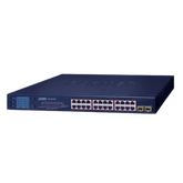 Switch PoE de 24 Puertos Gigabit 802.3af/at con Modo Extendido 250 m, 2 Puertos SFP 1000SX , Pantalla LCD para Configuración Básica, Hasta 300 W para PoE