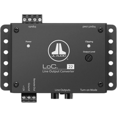 Convertidor de Salida de Línea de Vehículo JL Audio LoC-22 / 2 Canales de Entrada / 2 Canales de Salida / Alimentación 9-16 V CC / Salida Máxima 8 V RMS / Relación S/N 118 dB / Respuesta de Frecuencia 3 Hz-32 kHz / Fusib