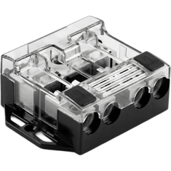 Bloque de Distribución de Fusibles Maxi / 4 Vías / Entrada Cable 1/0 a 4 AWG / Salidas 4 Cables de 4 a 8 AWG / Terminales OmniSert / Latón Forjado y Maquinado Estañado Grado Marino / Base y Cubierta de Policarbonato Alta Temper