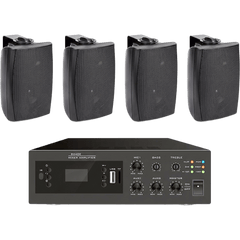 KIT de Amplificador de 240W para Escritorio | 4 Altavoces de Pared color Negro 2.5W - 20W | Sistema 70/100V