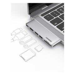 Hub USB-C 6 en 1 / 2xUSB-A 3.0 (5Gbps) / HDMI 4K@30Hz / Puerto PD 100W / Lector SD+MicroSD / Aluminio / Compatible Thunderbolt 3 / Compacto 110x29x8.5mm