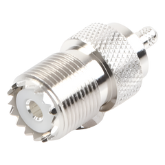 Conector UHF Hembra (SO-239) en Línea, de Anillo Plegable para Cable RG-58/U, RG-142/U, Níquel/ Plata/ Delrin.