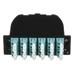 Casete OptiCom de Fibra Óptica Multimodo OM3, Con 2 Conectores MPO a 12 LC Duplex, Polaridad Método A, Pérdida de Inserción Estándar