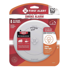 Alarma de Humo First Alert SM210L / Sensor Fotoelectrico / Batería de Litio Sellada de 10 Años / Luz de Seguridad / Rango de Temperatura 4.4°C a 37.8°C/ Cumple UL217, CSFM, NFPA 72, NFPA 101, ICC