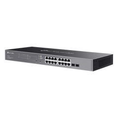 Switch Smart Omada 18 Puertos Gigabit / 16 Puertos PoE+ 802.3af/at / 2 Ranuras SFP Gigabit / Presupuesto PoE 150 W / Switching 36 Gbps / Enrutamiento Estático L2+ / Gestión Cloud SDN / Fanless / Montable en Rack