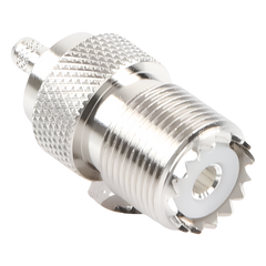 Conector UHF Hembra (SO-239) en Línea, de Anillo Plegable para Cable RG-58/U, RG-142/U, Níquel/ Plata/ Delrin.