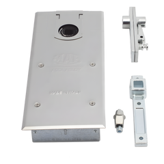 Bisagra de piso, / Cierrapuertas DC450 / Para Puertas de Doble Acción hasta 120 kg / Ángulo de Apertura 130° / Ajuste de Velocidad de Cierre y Latch