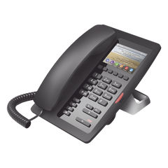 Teléfono IP Hotelero / Pantalla LCD Color 3.5" / 2 Líneas SIP / 6 Teclas Programables Hotline / Puerto USB Carga / PoE 802.3af / Personalizable con Logo Hotel