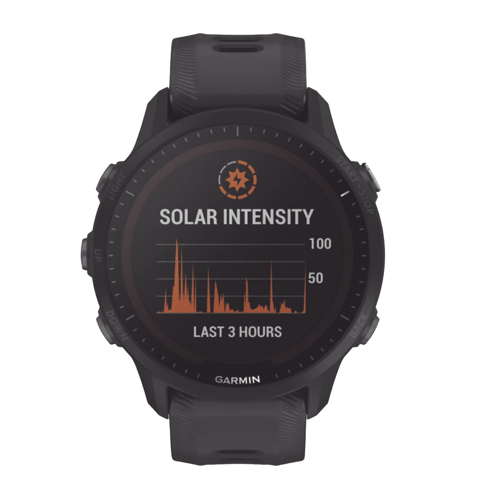 Reloj Garmin Forerunner 955 solar color negro en correa de silicón, con funciones premium de entrenamiento.