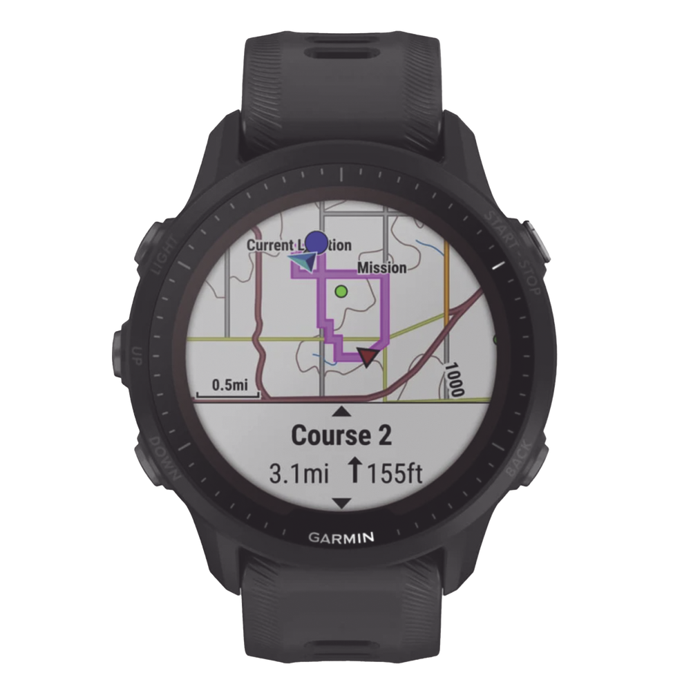 Reloj Garmin Forerunner 955 solar color negro en correa de silicón, con funciones premium de entrenamiento.