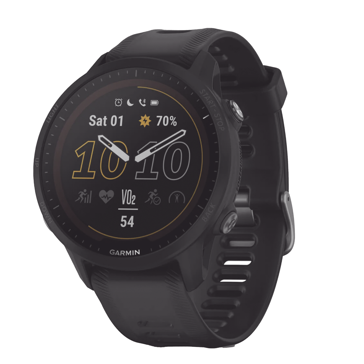 Reloj Garmin Forerunner 955 solar color negro en correa de silicón, con funciones premium de entrenamiento.