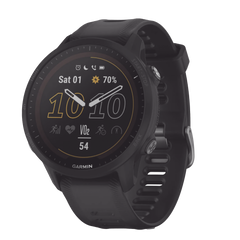 Reloj Garmin Forerunner 955 solar color negro en correa de silicón, con funciones premium de entrenamiento.
