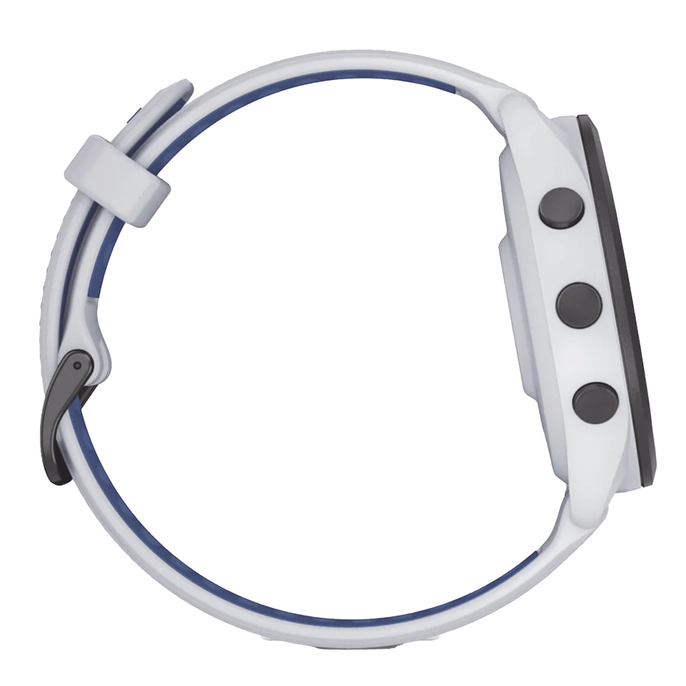 Forerunner® 265, Bisel negro con carcasa en blanco y correa de silicona en blanco/azul