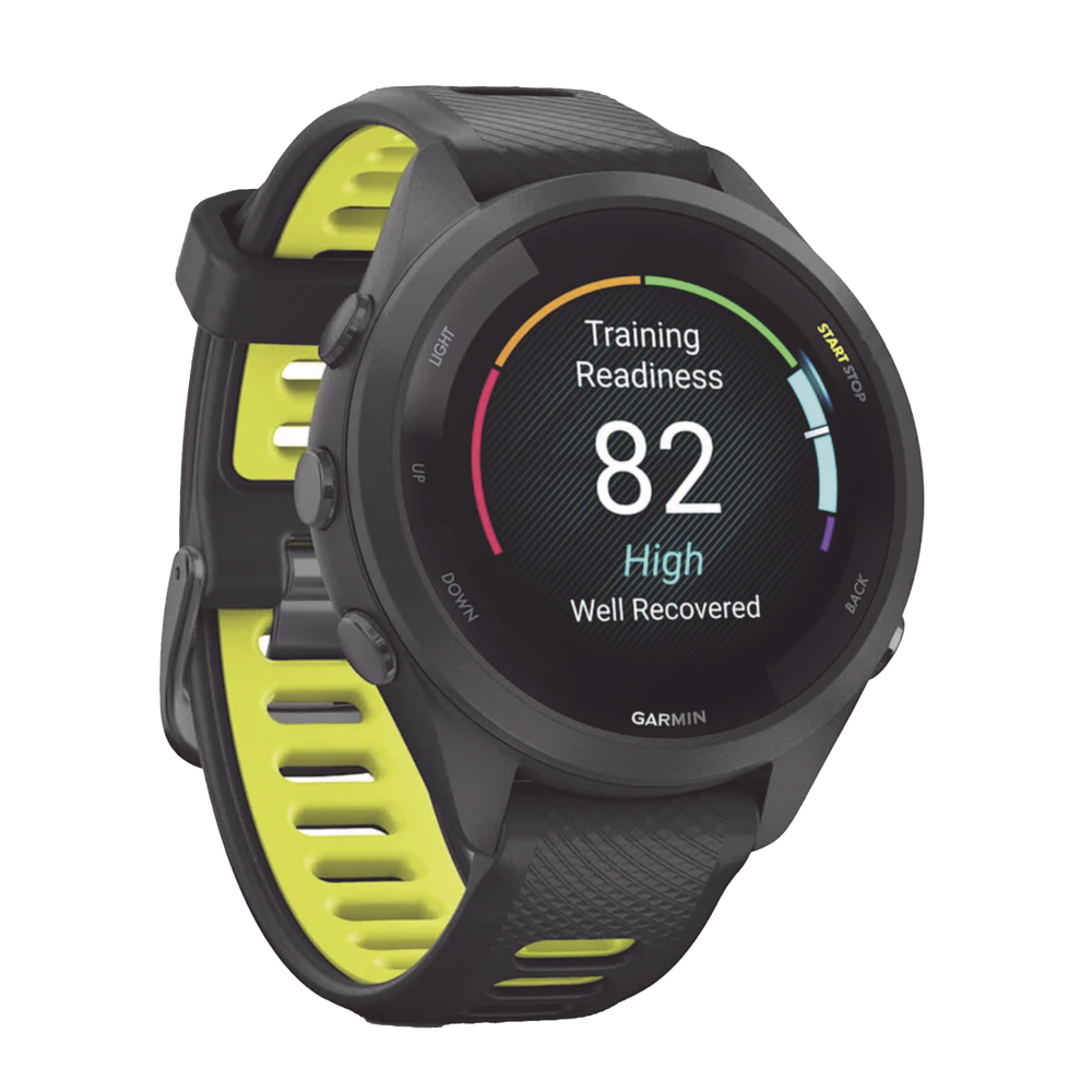 Forerunner® 265S, Bisel y carcasa en negro con correa de silicona en negro/amarillo