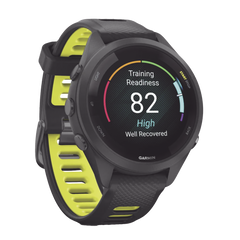 Forerunner® 265S, Bisel y carcasa en negro con correa de silicona en negro/amarillo