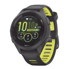 Forerunner® 265S, Bisel y carcasa en negro con correa de silicona en negro/amarillo