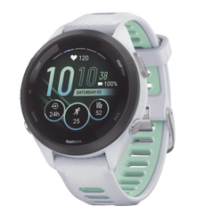 Forerunner® 265S, Bisel negro con carcasa en blanco y correa de silicona en blanco/verde