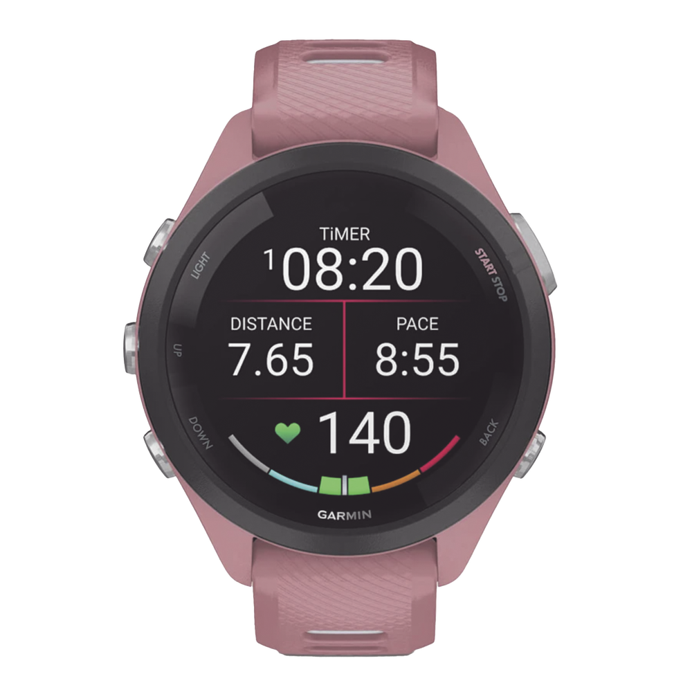 Forerunner® 265S, Bisel negro con carcasa en rosa y correa de silicona en rosa/gris