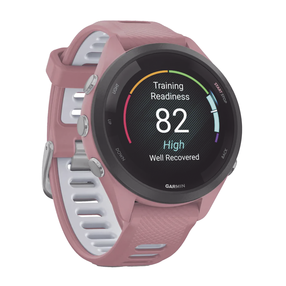 Forerunner® 265S, Bisel negro con carcasa en rosa y correa de silicona en rosa/gris