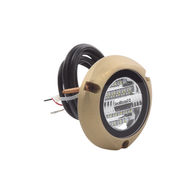Luz led marina sumergible SeaBlaze X2, emite luz de color blanco y azul de 6000 lúmenes, fabricada en bronce naval con grado de protección IP68.