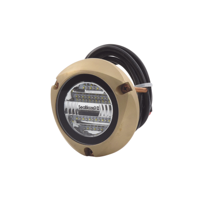 Luz led marina sumergible SeaBlaze X2, emite luz de color blanco y azul de 6000 lúmenes, fabricada en bronce naval con grado de protección IP68.