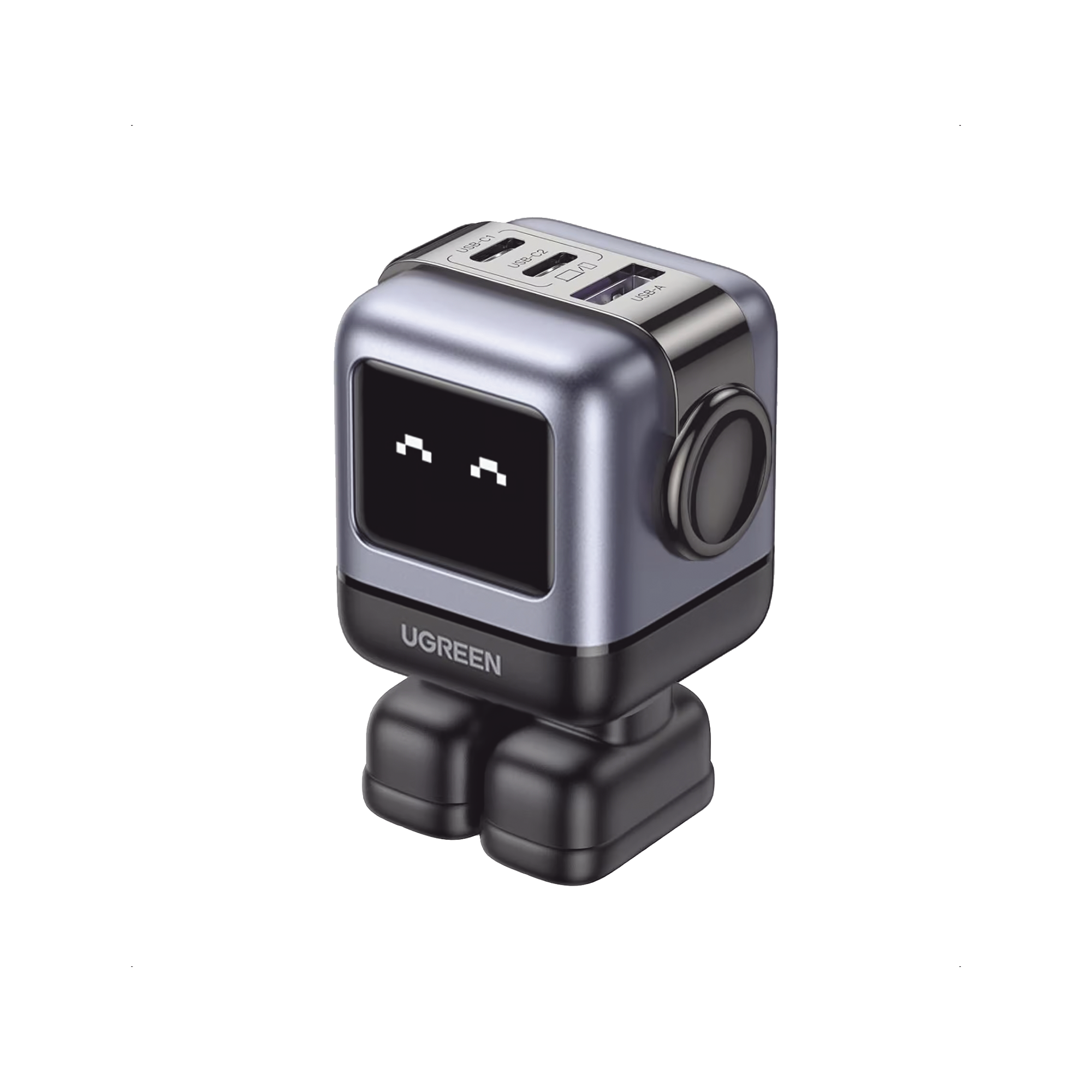 Cargador RobotGaN de 65W Serie UNO | 3 Puertos de Carga Rápida | 2 USB-C | 1 USB-A | PD 3.0 | QC 4.0 | Carga Inteligente | Tecnología GaN II | Zapato Magnético Extraíble | Carcasa Ignífuga | Pantalla LED
