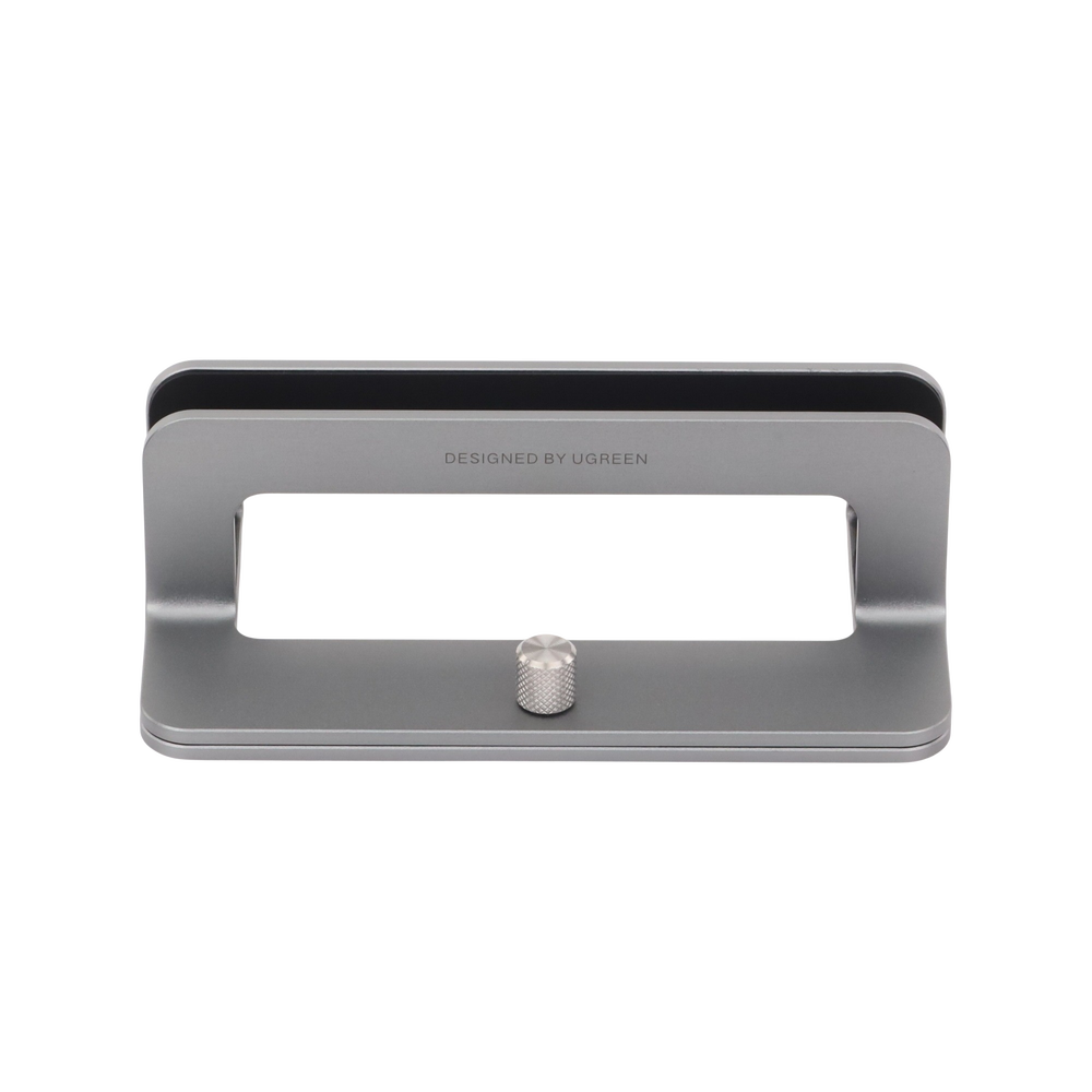 Soporte Vertical para Laptop / Adecuado para escritorio / Anchura Ajustable (12-26mm) / Amplia compatibilidad / Anti-Arañazos / Anti-Deslizante /Ajustable Mediante Tornillos / Color Plata / Aluminio + Silicona