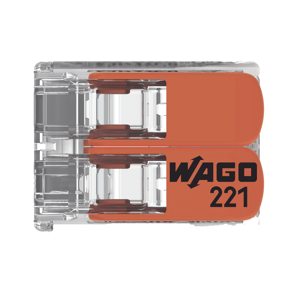 Borna de Conexión / Serie 221 / Palancas Naranja / 2 Conductores 4 mm² / Carcasa Transparente / 300V 20A / T85 / UL ENEC Certificado