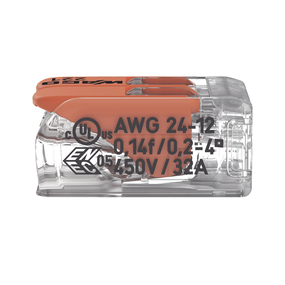 Borna de Conexión / Serie 221 / Palancas Naranja / 2 Conductores 4 mm² / Carcasa Transparente / 300V 20A / T85 / UL ENEC Certificado