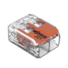 Borna de Conexión / Serie 221 / Palancas Naranja / 2 Conductores 4 mm² / Carcasa Transparente / 300V 20A / T85 / UL ENEC Certificado