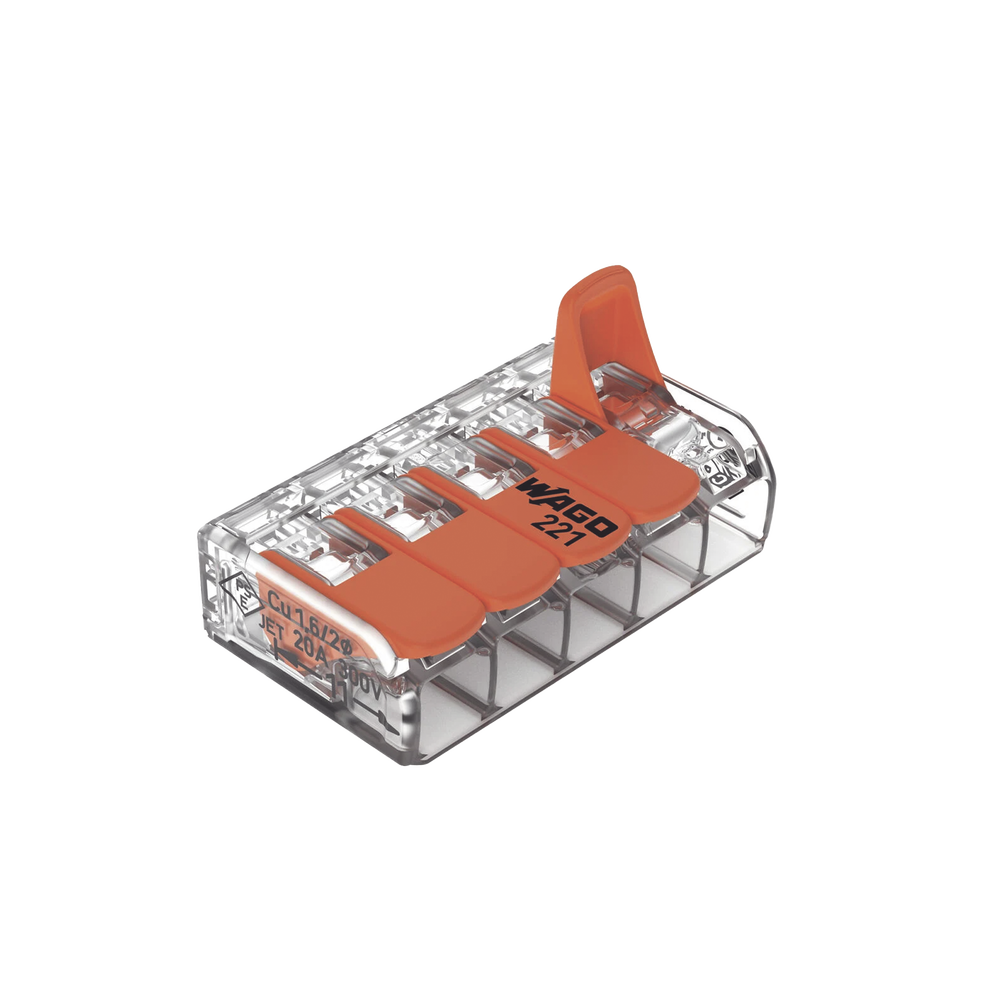 Borna de Conexión / 5 Conductores / 4 mm² Máximo / Palanca Naranja / Transparente / 32A 450V / UL JET ENEC / CAGE CLAMP® / T85