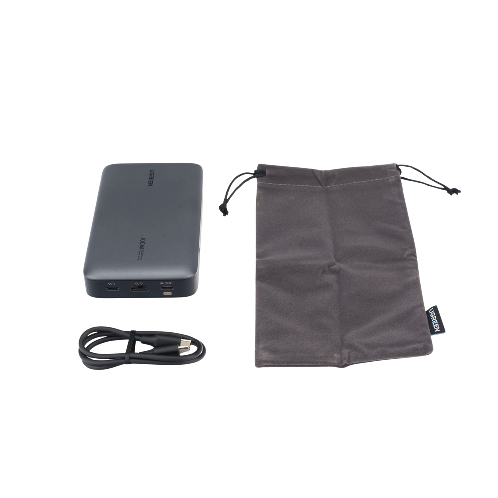 Power Bank de 20000mAh | 3 Salidas 100W Max. | USB-A + 2 USB-C | PD 3.0 | QC3.0 | FCP | SCP | Pantalla Inteligente | Carcasa Ignifuga | Color Gris | Incluye Cable USB de 50cm | Carga tu Laptop de Manera Segura.