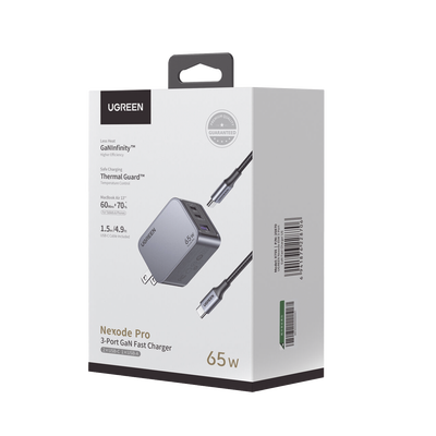 Cargador de 65W serie Nexode Pro | 3 Puertos de Carga Rápida | 2 USB-C | 1 USB-A | Tecnología GaNInfinity | PD3.1 de 65W / QC4.0 | Tecnología de Protección Térmica | Optimiza la Carga | Caja de Aluminio | Incluye Cable U